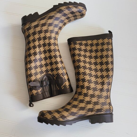 Capelli Rubber Boots Womens 8 Brown Houndstooth Check Waterproof Rain Boots - Picture 5 of 14